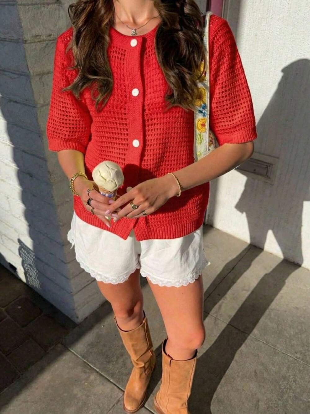 Bright Red Casual Women's button down knit cardigan - Picture 3 of 9